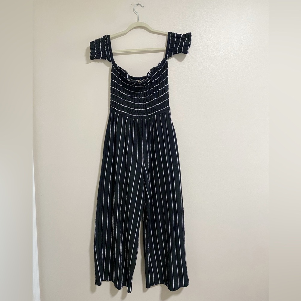 Altar’d State Black and White Striped Off-Shoulder Jumpsuit Size Medium